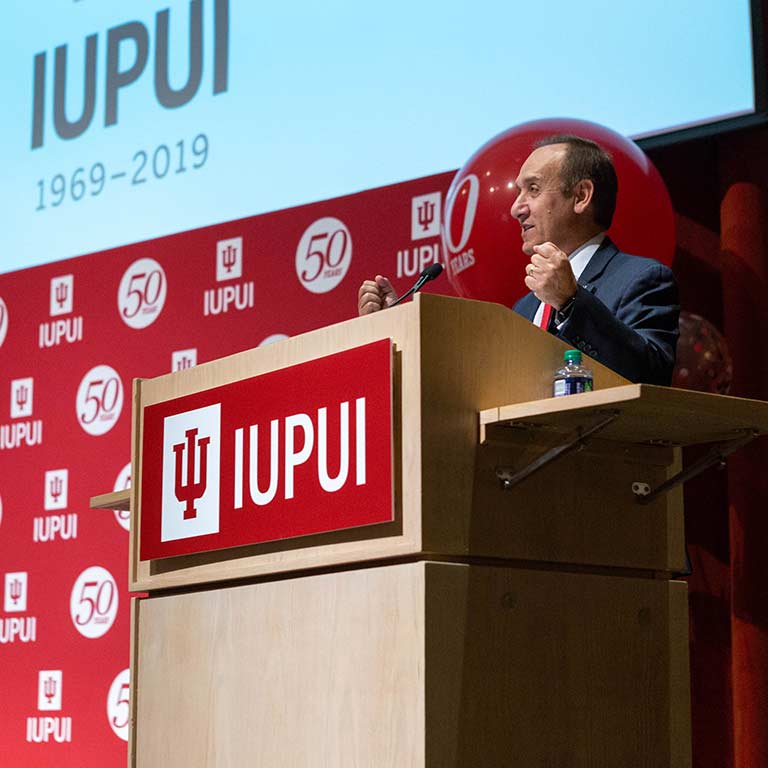IUPUI Chancellor Nasser H. Paydar delivers remarks at the Jaguar Spirit Fest.