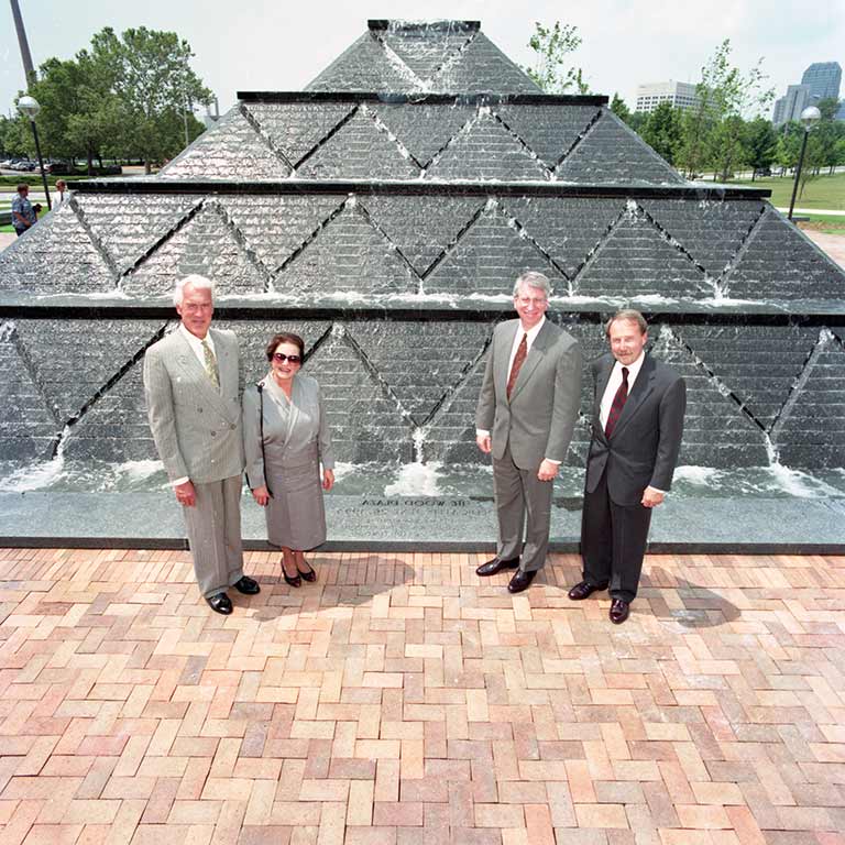 Former IUPUI Chancellor Gerald Bepko with former IU President Myles Brand and Billie Lou and Richard Wood at . the dedication of Wood Fountain.