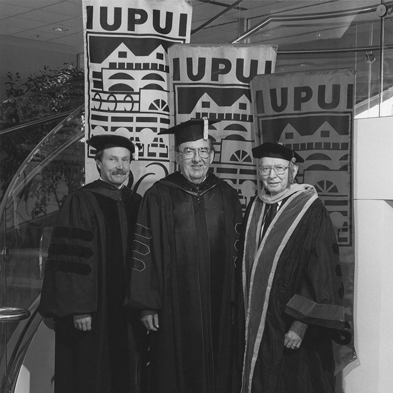 IUPUI's first three Chancellor's from left: Gerald L. Bepko, Glenn W. Irwin Jr., and Maynard K. Hine in 1989